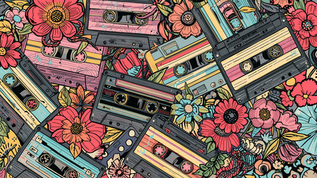 Vibrant retro pattern featuring classic audio cassette tapes intertwined with colorful, stylized flowers and leaves.の素材