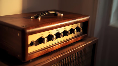 A classic wooden guitar amplifier head featuring vintage design and analog controls, bathed in warm indoor light.の素材