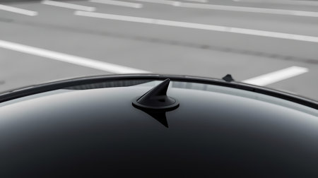 Close-up of a sleek black shark fin antenna on the roof of a modern car, highlighting its advanced design and automotive technology.の素材
