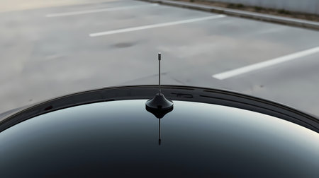Close-up view of a modern black car&#39;s sleek roof antenna in an empty outdoor parking lot.の素材
