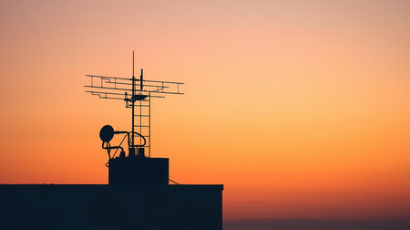Striking silhouette of a rooftop television antenna against a vibrant gradient sunset sky.の素材