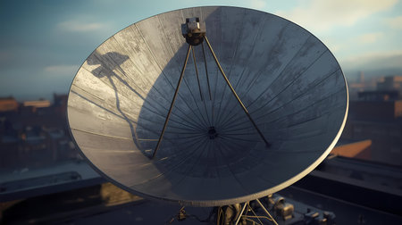 A large, weathered satellite dish stands prominently on a city rooftop, framed against a hazy urban skyline and cloudy sky.の素材