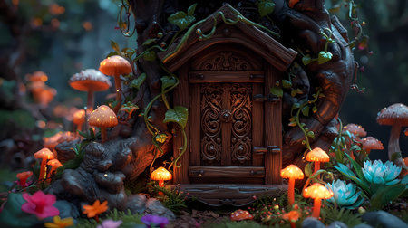 An intricately carved wooden fairy door nestled at the base of an ancient tree in a mystical enchanted forest.の素材