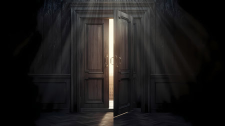 An ominous dark room with light rays streaming through an open, ornate wooden door, hinting at mystery, opportunity, or a new beginning.の素材