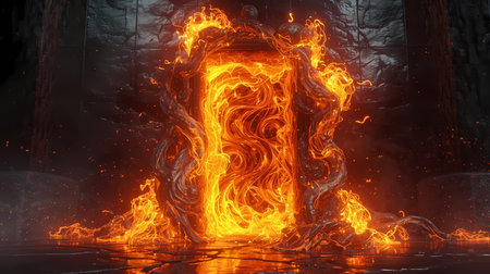 A mystical, fiery portal crackles with intense heat and swirling flames.の素材