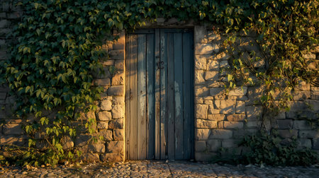 Rustic weathered blue wooden door set in an ancient stone wall, partially covered with vibrant green ivy.の素材
