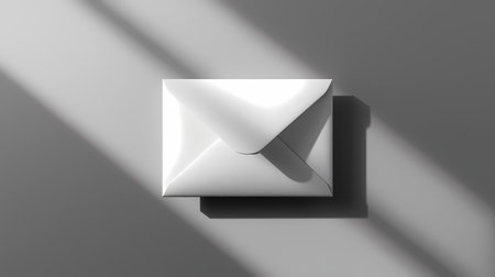 Minimalist white envelope with strong, artistic window shadows on a plain grey surface, captured from a top-down perspective.の素材