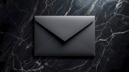 A sleek, dark grey envelope rests elegantly on a luxurious black marble surface with subtle gold veins.の素材