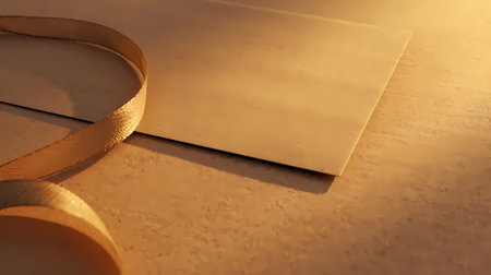 Elegant blank golden card and decorative ribbon on a warm, textured surface with soft ambient light.の素材