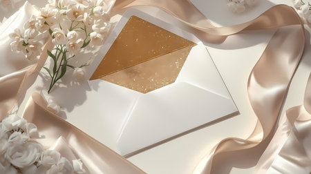 Elegant white open envelope with a glittering gold interior, nestled among delicate cream flowers and flowing satin ribbons.の素材