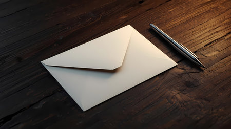 Elegant white envelope &amp; silver pen on dark rustic wooden table.の素材