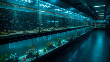 Panoramic view of a modern pet store or public aquarium featuring long rows of brightly lit fish tanks.の素材