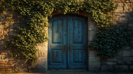 An old, rustic blue double door is framed by a lush arch of green ivy, set against a textured stone wall.の素材