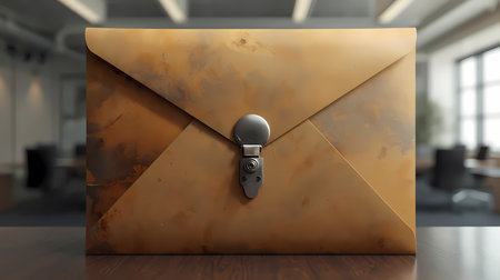 A unique vintage metallic envelope with a secure clasp closure sits on a wooden desk.の素材