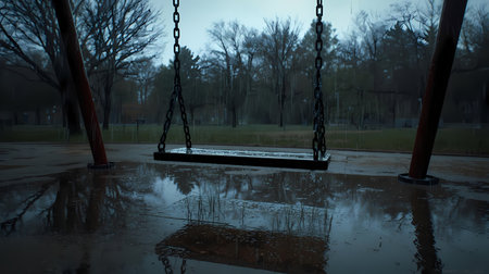 An empty swing set in a park during a rain shower.の素材