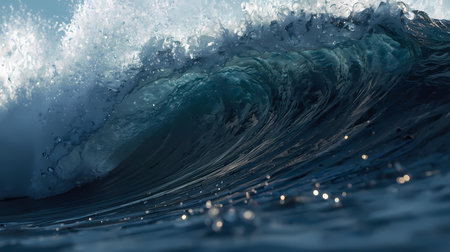 A powerful ocean wave crests and crashes, showcasing dynamic blue water, glistening spray, and white foam.の素材
