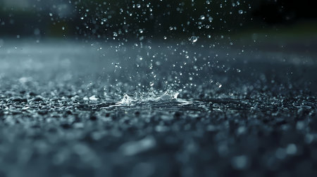 Close-up view of raindrops falling and splashing on a dark, wet ground surface.の素材