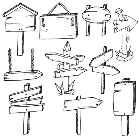 Wooden road signs set, individual elements, hand drawing style, outline sketch on white, vector imageのイラスト素材
