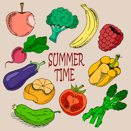 Vegetables and fruit set, hand drawing style, multicolored, vector illustration, individual design elementsのイラスト素材