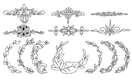 set of plant elements, floral borders, ornaments, outline on white, hand drawing styleのイラスト素材