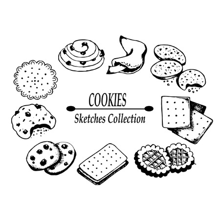 Sweets, cookies set sketches, hand drawing style, vector illustration, black contour on white background.のイラスト素材
