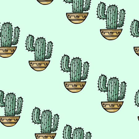 Colored seamless pattern with cactus sketches, hand-drawn style, vector illustrationのイラスト素材