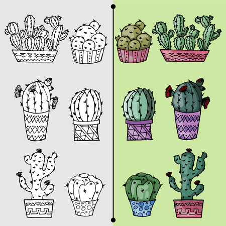 Set of cactus color and black and white, individual design elements, hand drawing sketch drawing, vector illustrationのイラスト素材
