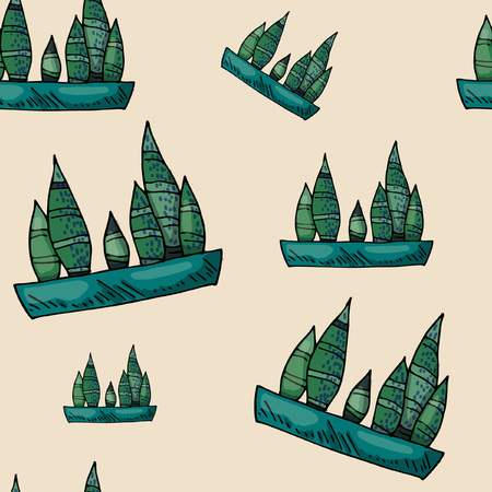 Colored seamless pattern with flowers in pots, green and pink colors, sketches hand drawing, vector illustrationのイラスト素材