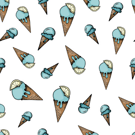 Colorful seamless pattern with ice cream sketches, hand drawing, vector illustrationのイラスト素材