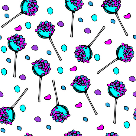 seamless pattern colored with candies and lollipops, sketches hand drawing, vector illustration
