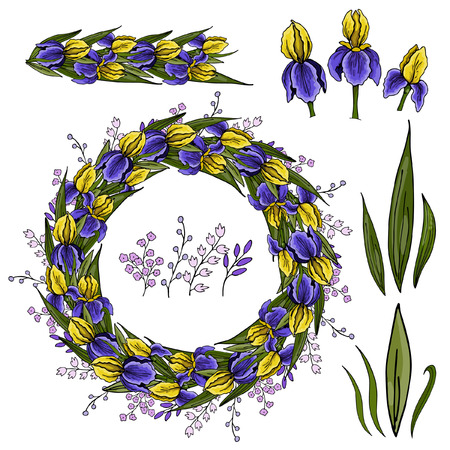set of color hand drawing sketch of flowers irises, leaves, petals, floral wreath, design elements, vector illustrationのイラスト素材