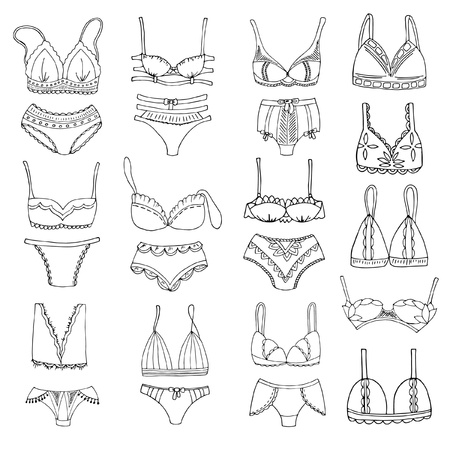 Lace underwear set, black and white sketches doodles, hand drawing, vector illustrationのイラスト素材