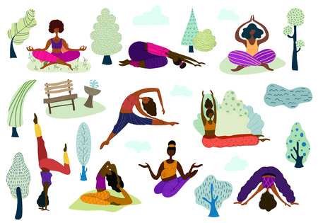 Large vector set - multinational girls or young women in various yoga poses, practice meditation and yoga in the park outdoors, isolated on white, hand drawing and flat styleのイラスト素材
