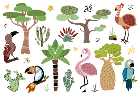 Collection of colorful isolated elements - African trees, cacti and exotic birds, plus set of additional elements, on white background, hand drawing plus flat, vector illustrationのイラスト素材