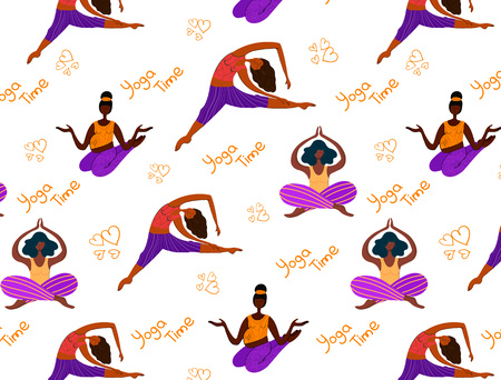 Girls and young women practice yoga, healthy lifestyle and sports, vector seamless pattern in trending bright colors.のイラスト素材
