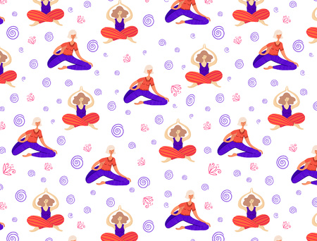 Girls and young women practice yoga, healthy lifestyle and sports, vector seamless pattern in trending bright colors.のイラスト素材