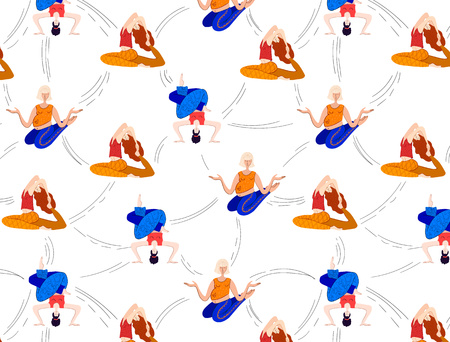 Girls and young women practice yoga, healthy lifestyle and sports, vector seamless pattern in trending bright colors.のイラスト素材