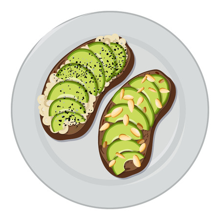 Vector illustration - toast with avocado, sesame seeds, on black bread, served on a plate, white background. healthy natural food. For menu design, banner, posterのイラスト素材