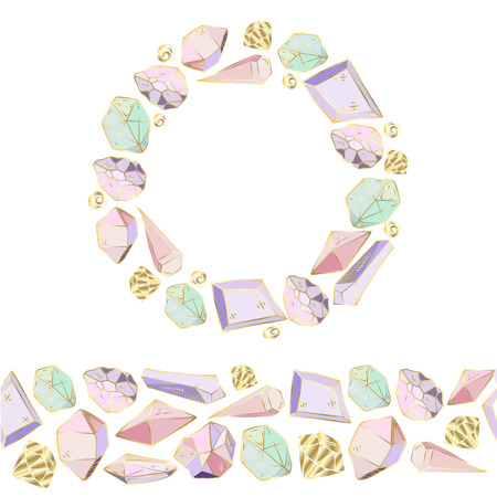 Colorful hand drawn round frame for text and seamless border, made of elements - crystals and gems - on white background, vector illustration for cards, invitations, blanks.のイラスト素材