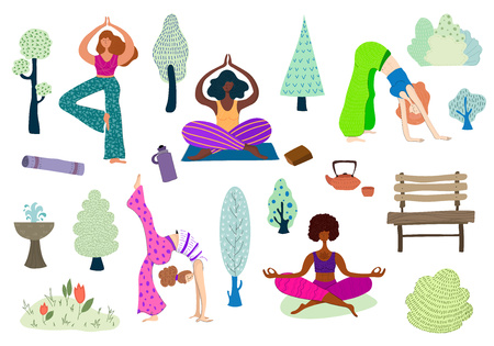 Young girls in the park doing yoga, women in sports, exercise outdoors. Vector illustration.のイラスト素材