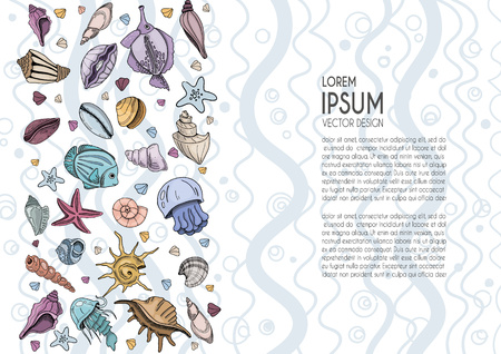 Horizontal banner template with seashells and fish, with sample text. Hand drawing vector, advertising banner design, flyer, illustration for web site etc.のイラスト素材
