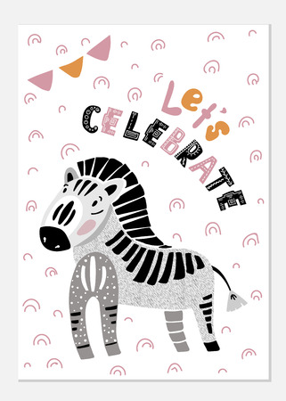 Cute vector pre made card, stylish greeting card with cute cartoon african animal - zebra, and lettering, flat and hand drawing, scandinavian style. Posters, t-shirt prints, cover design.のイラスト素材
