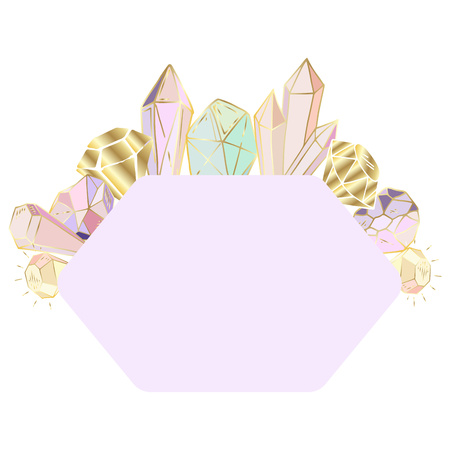 Colorful hand drawn figured frame for text, made of elements - crystals and gems - on white background, vector illustration for printing on cards, invitations, blanks.のイラスト素材