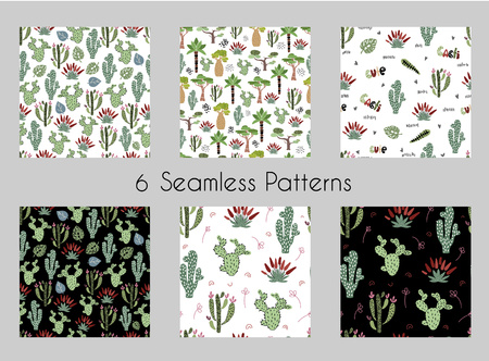 Set of six vector seamless patterns, endless textures, with cartoon African plants trees and cactuses on white background, flat and hand graphics, Scandinavian style. Wrapping, textiles, kids clothing and posters.のイラスト素材