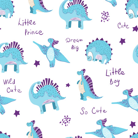 Cute seamless vector pattern with cartoons blue dino and lettering, for boys, on a white background. Children's clothing, nursery poster, textiles, fabric.のイラスト素材