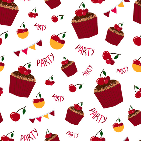 Vector seamless pattern - cute giant birthday cake or muffin with cherry on white background, vector illustration for textile, fabric, wrapping paper, postersのイラスト素材