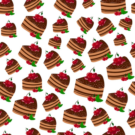 Vector seamless pattern - cartoon giant birthday cake with chocolate, cherry and mint on white background, vector illustration for textile, fabric, wrapping paper, restaurants menuのイラスト素材