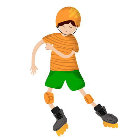 Cute cartoon boy smiling and riding roller skates. A child or kid doing sports, plays. Character on a white background. Vector, flat style and hand drawn texture, trendy noises.のイラスト素材