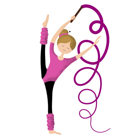 Cartoon cute girl practicing with gymnastic tape, flexible beautiful little gymnast in pink suit, child or kid doing sports. Healthy activities. Vector flat, trendy noisesのイラスト素材