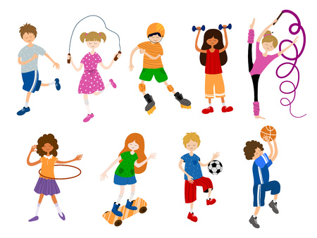 Cute cartoon children or kids, girls and boys, play sports or train. Ball game, gymnastics, athletic, skateboarding. Vector set of characters on white background. Flat and hand drawn texture, noisesのイラスト素材